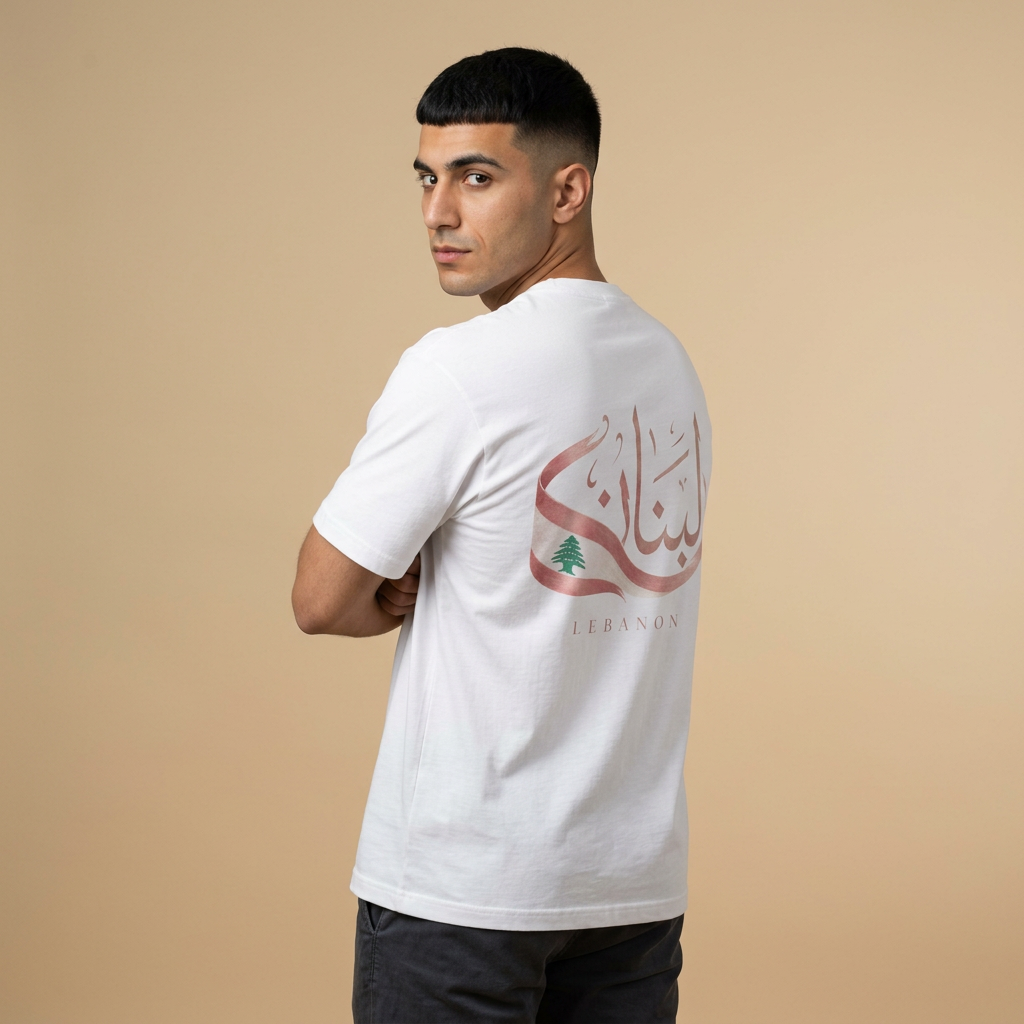 Lebanon Calligraphy Tee — Arabic Script T‑Shirt with Cedar Tree (Back Print)